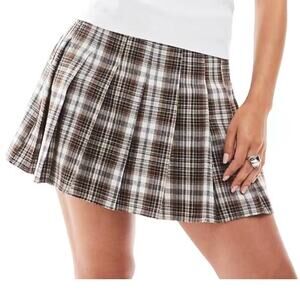 JJXX Brown Plaid Pleated Mini Skirt